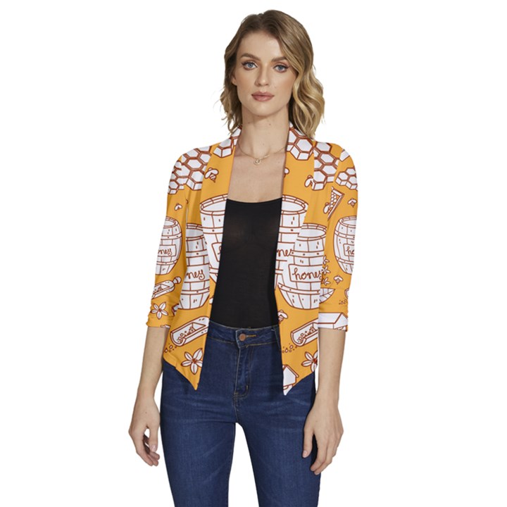 Vector-honey-element-doodle-seamless-pattern-with-beehive-beeke Women s Draped Front 3/4 Sleeve Shawl Collar Jacket