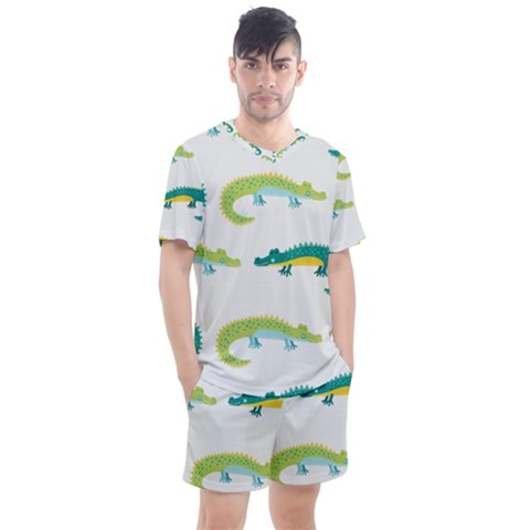Cute-cartoon-alligator-kids-seamless-pattern-with-green-nahd-drawn-crocodiles Men s Mesh Tee And Shorts Set by uniart180623