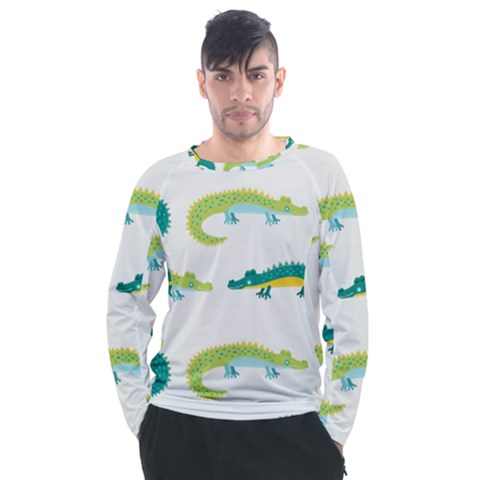 Cute-cartoon-alligator-kids-seamless-pattern-with-green-nahd-drawn-crocodiles Men s Long Sleeve Raglan Tee by uniart180623