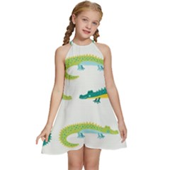 Cute-cartoon-alligator-kids-seamless-pattern-with-green-nahd-drawn-crocodiles Kids  Halter Collar Waist Tie Chiffon Dress by uniart180623