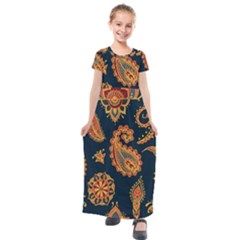 Bright-seamless-pattern-with-paisley-mehndi-elements-hand-drawn-wallpaper-with-floral-traditional Kids  Short Sleeve Maxi Dress by uniart180623