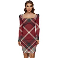 Tartan-scotland-seamless-plaid-pattern-vector-retro-background-fabric-vintage-check-color-square-geo Women Long Sleeve Ruched Stretch Jersey Dress