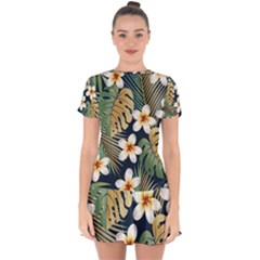 Seamless-pattern-with-tropical-strelitzia-flowers-leaves-exotic-background Drop Hem Mini Chiffon Dress