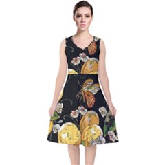 Embroidery-blossoming-lemons-butterfly-seamless-pattern V-neck Midi Sleeveless Dress 