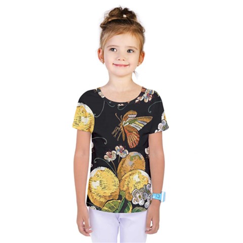 Embroidery-blossoming-lemons-butterfly-seamless-pattern Kids  One Piece Tee by uniart180623