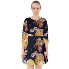 Embroidery-blossoming-lemons-butterfly-seamless-pattern Smock Dress by uniart180623