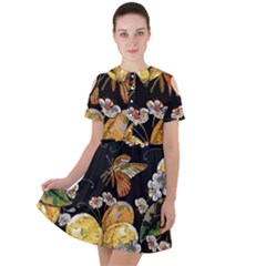 Embroidery-blossoming-lemons-butterfly-seamless-pattern Short Sleeve Shoulder Cut Out Dress  by uniart180623