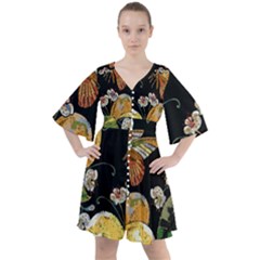 Embroidery-blossoming-lemons-butterfly-seamless-pattern Boho Button Up Dress by uniart180623