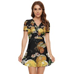 Embroidery-blossoming-lemons-butterfly-seamless-pattern V-neck High Waist Chiffon Mini Dress by uniart180623