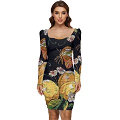 Embroidery-blossoming-lemons-butterfly-seamless-pattern Women Long Sleeve Ruched Stretch Jersey Dress by uniart180623