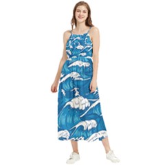 Storm-waves-seamless-pattern-raging-ocean-water-sea-wave-vintage-japanese-storms-print-illustration- Boho Sleeveless Summer Dress by uniart180623