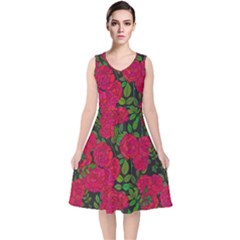 Seamless-pattern-with-colorful-bush-roses V-neck Midi Sleeveless Dress 