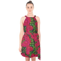 Seamless-pattern-with-colorful-bush-roses Halter Collar Waist Tie Chiffon Dress by uniart180623