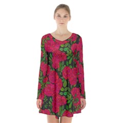 Seamless-pattern-with-colorful-bush-roses Long Sleeve Velvet V-neck Dress by uniart180623