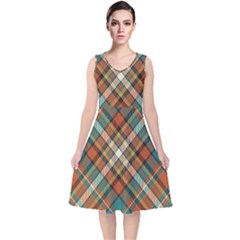 Tartan-scotland-seamless-plaid-pattern-vector-retro-background-fabric-vintage-check-color-square-geo V-neck Midi Sleeveless Dress 