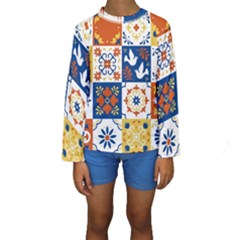 Mexican-talavera-pattern-ceramic-tiles-with-flower-leaves-bird-ornaments-traditional-majolica-style- Kids  Long Sleeve Swimwear by uniart180623