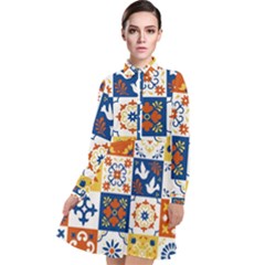 Mexican-talavera-pattern-ceramic-tiles-with-flower-leaves-bird-ornaments-traditional-majolica-style- Long Sleeve Chiffon Shirt Dress by uniart180623