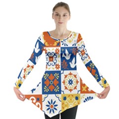 Mexican-talavera-pattern-ceramic-tiles-with-flower-leaves-bird-ornaments-traditional-majolica-style- Long Sleeve Tunic  by uniart180623