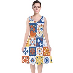 Mexican-talavera-pattern-ceramic-tiles-with-flower-leaves-bird-ornaments-traditional-majolica-style- V-neck Midi Sleeveless Dress 