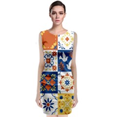 Mexican-talavera-pattern-ceramic-tiles-with-flower-leaves-bird-ornaments-traditional-majolica-style- Sleeveless Velvet Midi Dress