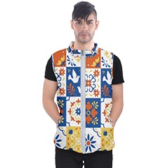 Mexican-talavera-pattern-ceramic-tiles-with-flower-leaves-bird-ornaments-traditional-majolica-style- Men s Puffer Vest by uniart180623