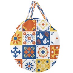 Mexican-talavera-pattern-ceramic-tiles-with-flower-leaves-bird-ornaments-traditional-majolica-style- Giant Round Zipper Tote
