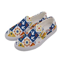 Mexican-talavera-pattern-ceramic-tiles-with-flower-leaves-bird-ornaments-traditional-majolica-style- Women s Canvas Slip Ons by uniart180623