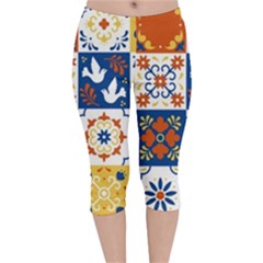 Mexican-talavera-pattern-ceramic-tiles-with-flower-leaves-bird-ornaments-traditional-majolica-style- Velvet Capri Leggings  by uniart180623