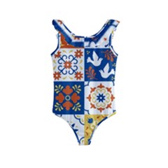 Mexican-talavera-pattern-ceramic-tiles-with-flower-leaves-bird-ornaments-traditional-majolica-style- Kids  Frill Swimsuit by uniart180623