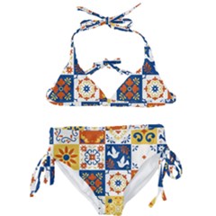 Mexican-talavera-pattern-ceramic-tiles-with-flower-leaves-bird-ornaments-traditional-majolica-style- Kids  Classic Bikini Set