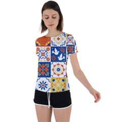 Mexican-talavera-pattern-ceramic-tiles-with-flower-leaves-bird-ornaments-traditional-majolica-style- Back Circle Cutout Sports Tee by uniart180623
