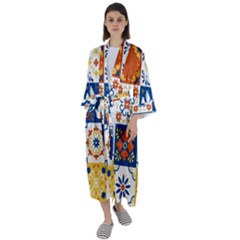 Mexican-talavera-pattern-ceramic-tiles-with-flower-leaves-bird-ornaments-traditional-majolica-style- Maxi Satin Kimono by uniart180623