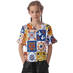 Mexican-talavera-pattern-ceramic-tiles-with-flower-leaves-bird-ornaments-traditional-majolica-style- Kids  V-Neck Horn Sleeve Blouse