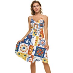 Mexican-talavera-pattern-ceramic-tiles-with-flower-leaves-bird-ornaments-traditional-majolica-style- Sleeveless Tie Front Chiffon Dress