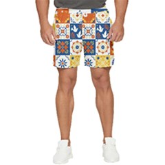 Mexican-talavera-pattern-ceramic-tiles-with-flower-leaves-bird-ornaments-traditional-majolica-style- Men s Runner Shorts by uniart180623