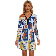 Mexican-talavera-pattern-ceramic-tiles-with-flower-leaves-bird-ornaments-traditional-majolica-style- Long Sleeve Deep V Mini Dress  by uniart180623