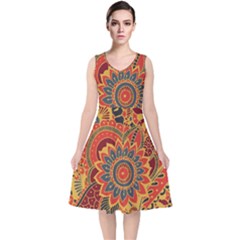 Bright-seamless-pattern-with-paisley-mehndi-elements-hand-drawn-wallpaper-with-floral-traditional V-neck Midi Sleeveless Dress 