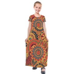 Bright-seamless-pattern-with-paisley-mehndi-elements-hand-drawn-wallpaper-with-floral-traditional Kids  Short Sleeve Maxi Dress by uniart180623