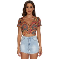 Bright-seamless-pattern-with-paisley-mehndi-elements-hand-drawn-wallpaper-with-floral-traditional V-neck Crop Top by uniart180623
