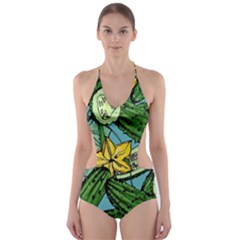 Seamless-pattern-with-cucumber-slice-flower-colorful-hand-drawn-background-with-vegetables-wallpaper Cut-out One Piece Swimsuit by uniart180623