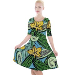 Seamless-pattern-with-cucumber-slice-flower-colorful-hand-drawn-background-with-vegetables-wallpaper Quarter Sleeve A-line Dress by uniart180623
