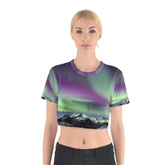 Aurora Stars Sky Mountains Snow Aurora Borealis Cotton Crop Top by uniart180623