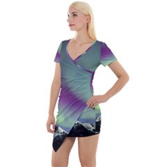 Aurora Stars Sky Mountains Snow Aurora Borealis Short Sleeve Asymmetric Mini Dress by uniart180623