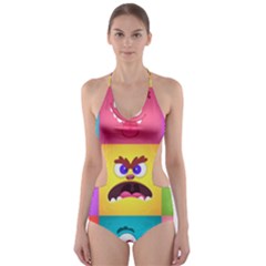 Monsters-emotions-scary-faces-masks-with-mouth-eyes-aliens-monsters-emoticon-set Cut-out One Piece Swimsuit by uniart180623
