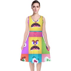 Monsters-emotions-scary-faces-masks-with-mouth-eyes-aliens-monsters-emoticon-set V-neck Midi Sleeveless Dress 