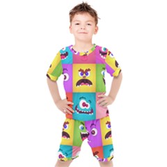 Monsters-emotions-scary-faces-masks-with-mouth-eyes-aliens-monsters-emoticon-set Kids  Tee And Shorts Set by uniart180623