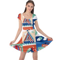 Toy-transport-cartoon-seamless-pattern-with-airplane-aerostat-sail-yacht-vector-illustration Cap Sleeve Dress by uniart180623