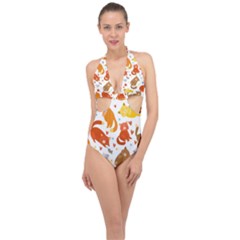 Seamless Pattern With Kittens White Background Halter Front Plunge Swimsuit by uniart180623