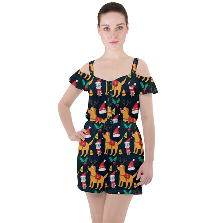 Funny Christmas Pattern Background Ruffle Cut Out Chiffon Playsuit