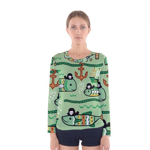 Seamless Pattern Fishes Pirates Cartoon Women s Long Sleeve Tee by uniart180623